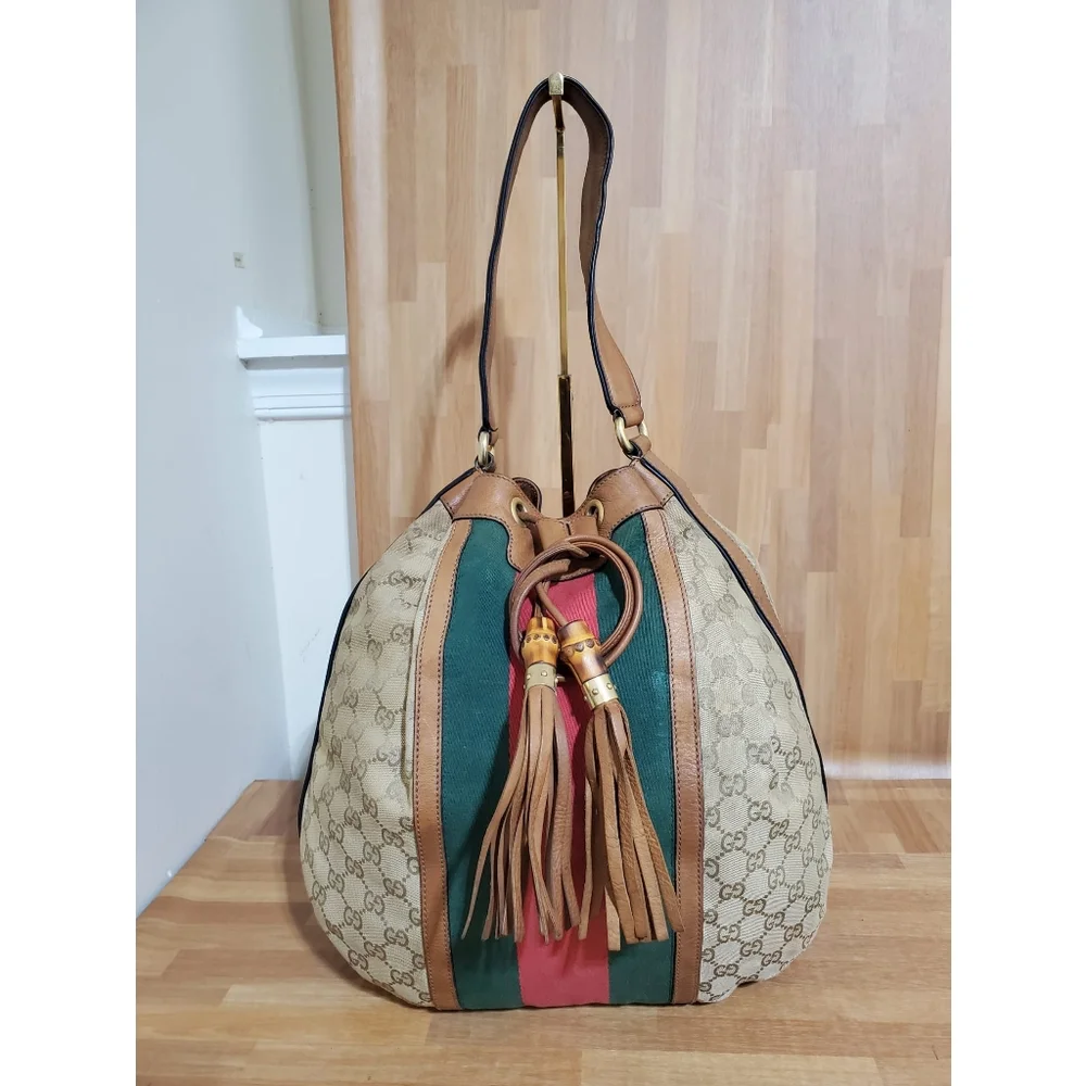 GUCCI Monogram Web Rania Drawstring Shoulder Bag Sand - Picture 5 of 12